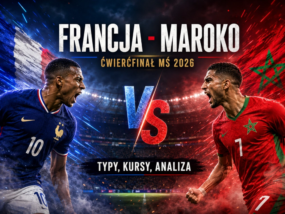 Francja - Maroko typy bukmacherskie, kursy i analiza ćwierćfinału MŚ 2026 z piłkarzami obu reprezentacji na tle stadionu.