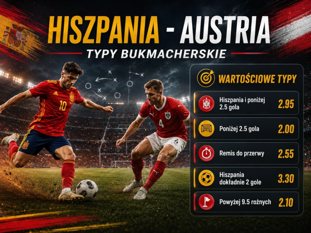Hiszpania - Austria typy bukmacherskie, value bety, under 2.5 gola, remis do przerwy i kursy.