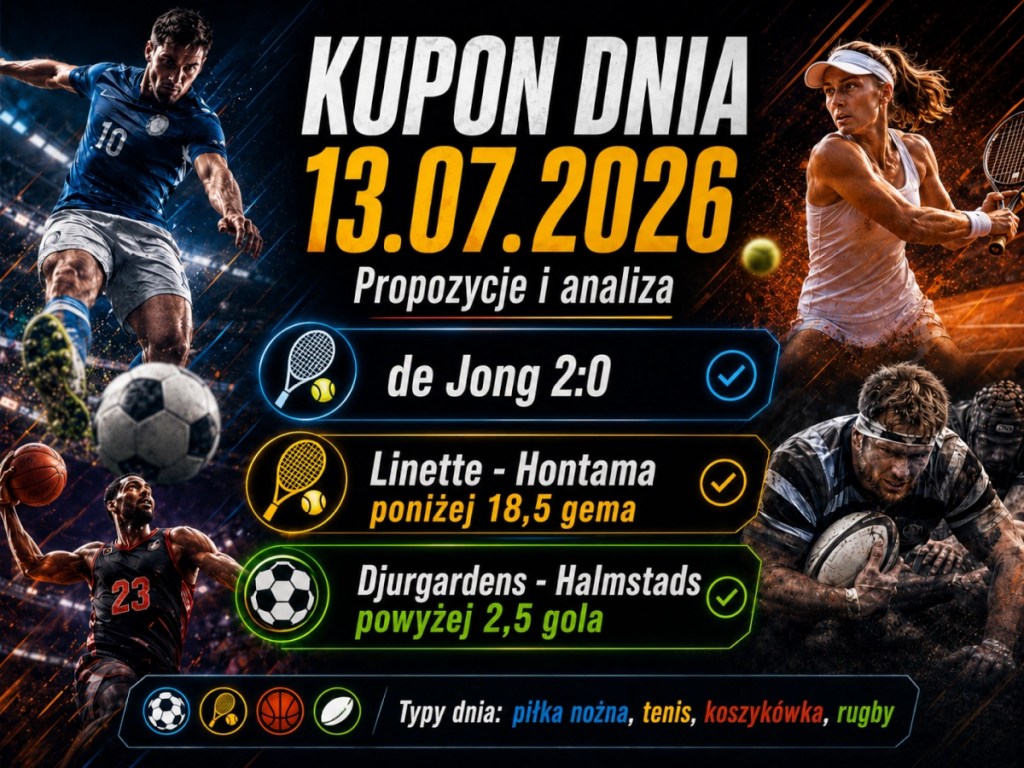 Kupon dnia 13.07.2026 z typami na mecze de Jong - Gaubas, Linette - Hontama i Djurgårdens - Halmstads.