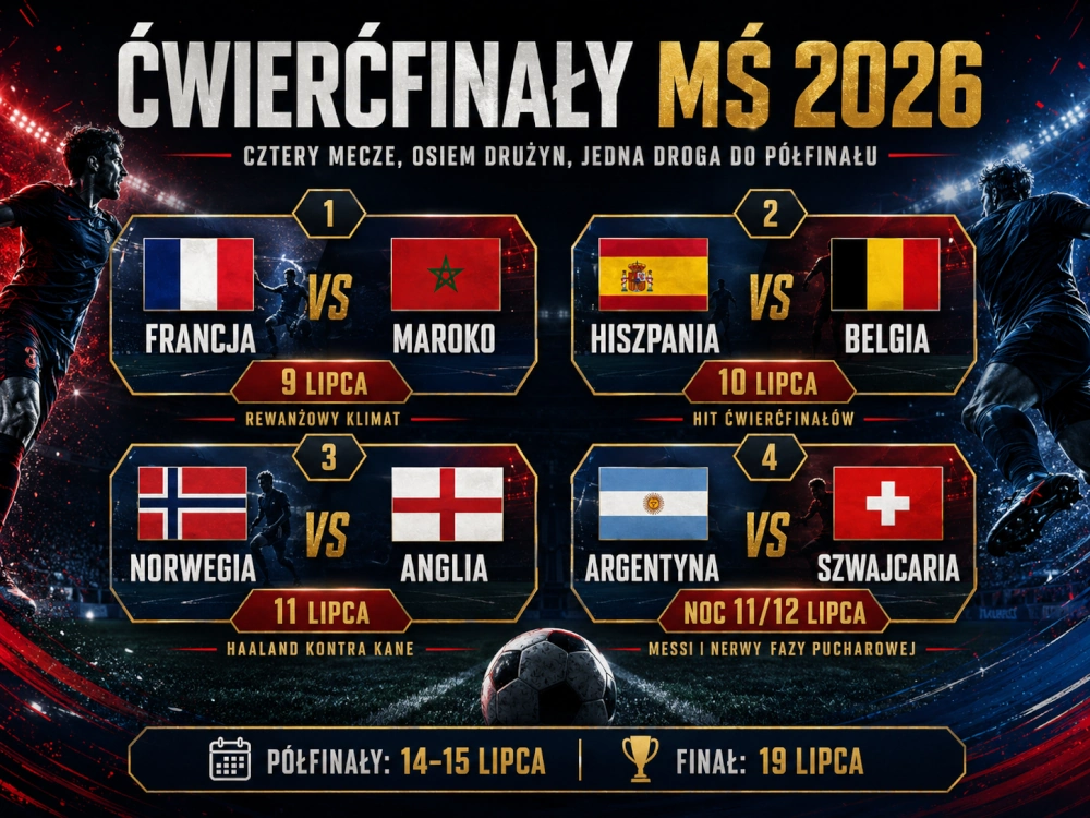 Pary ćwierćfinałowe MŚ 2026: Francja Maroko, Hiszpania Belgia, Norwegia Anglia i Argentyna Szwajcaria
