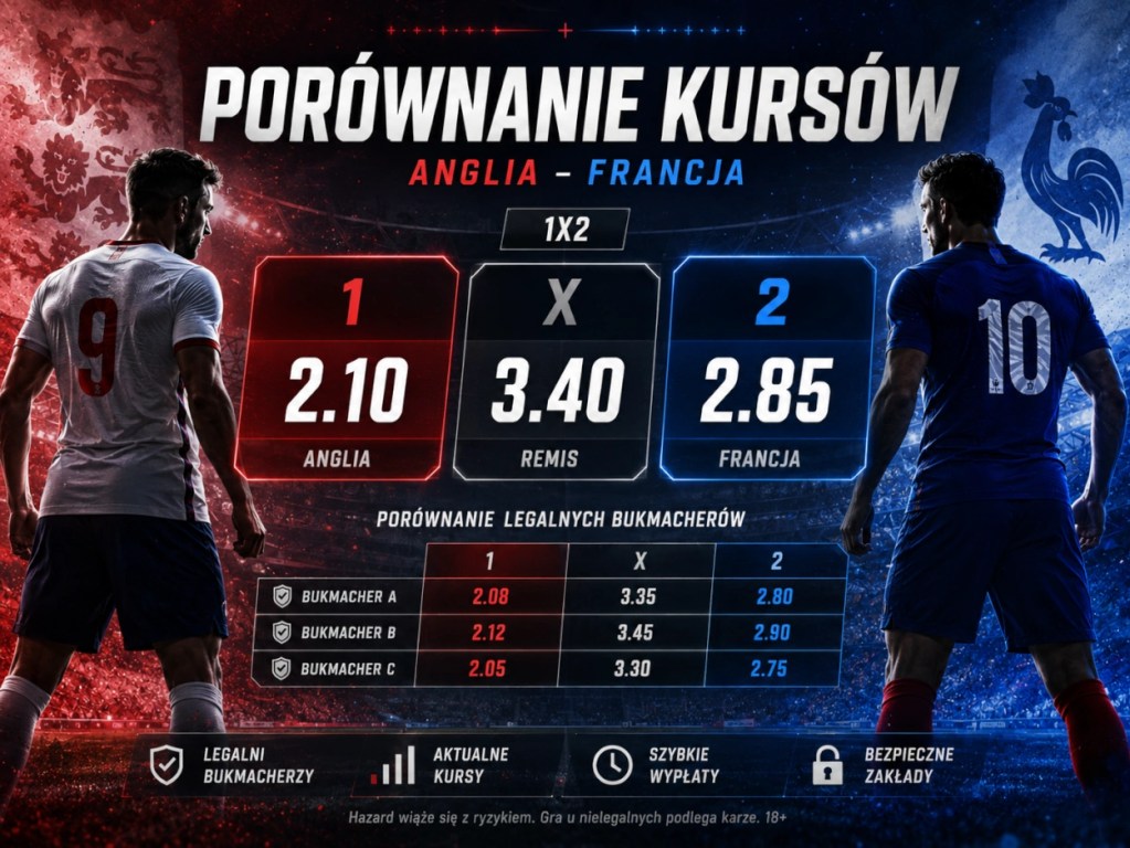 Porównanie kursów Anglia Francja u legalnych polskich bukmacherów