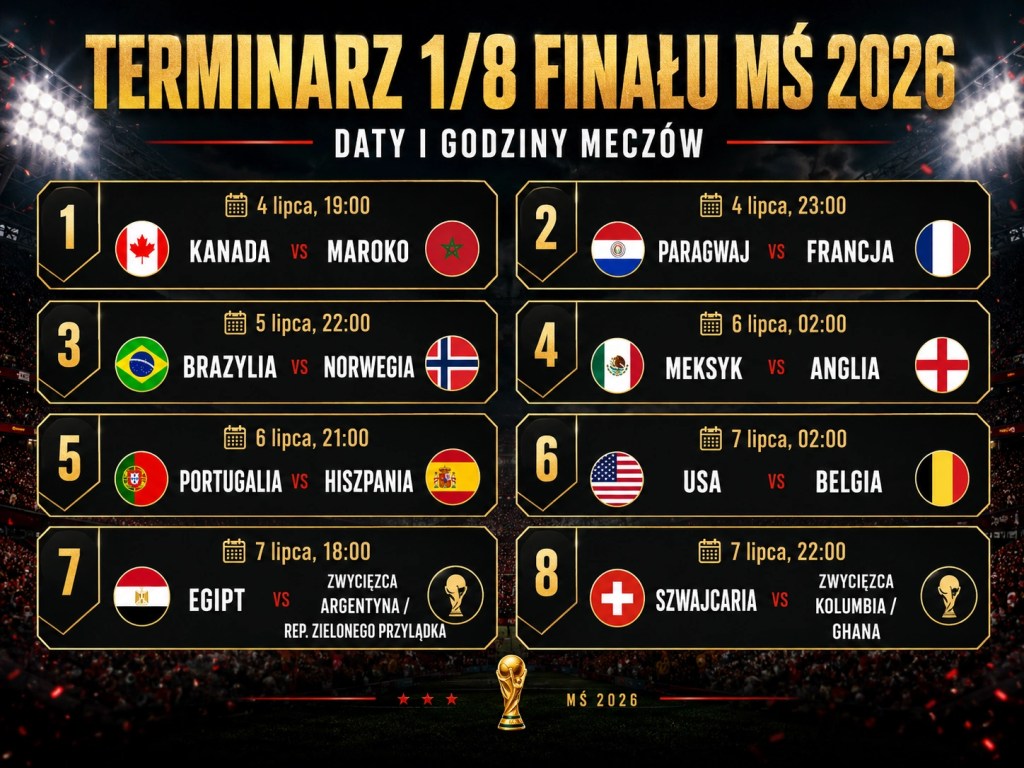 Terminarz 1/8 finału MŚ 2026 z datami i godzinami meczów fazy pucharowej mundialu