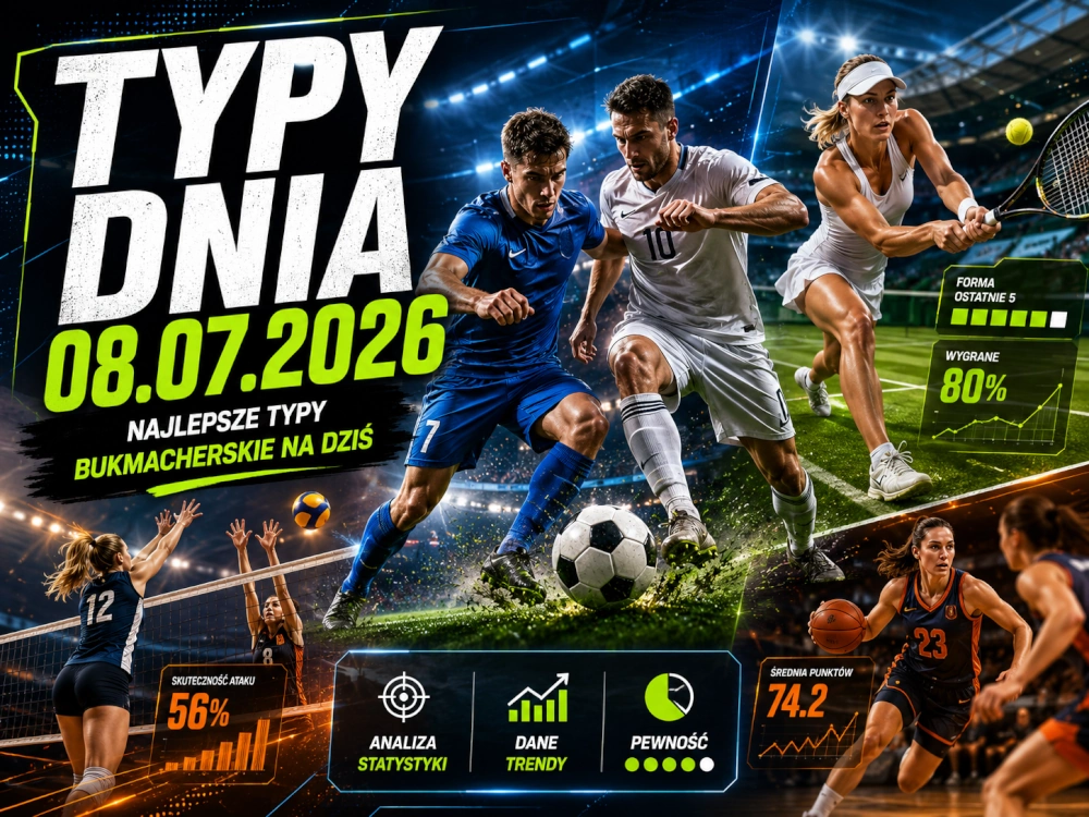 Typy dnia 08.07.2026 - najlepsze typy bukmacherskie na dziś z analizą piłki nożnej, tenisa, siatkówki i koszykówki.