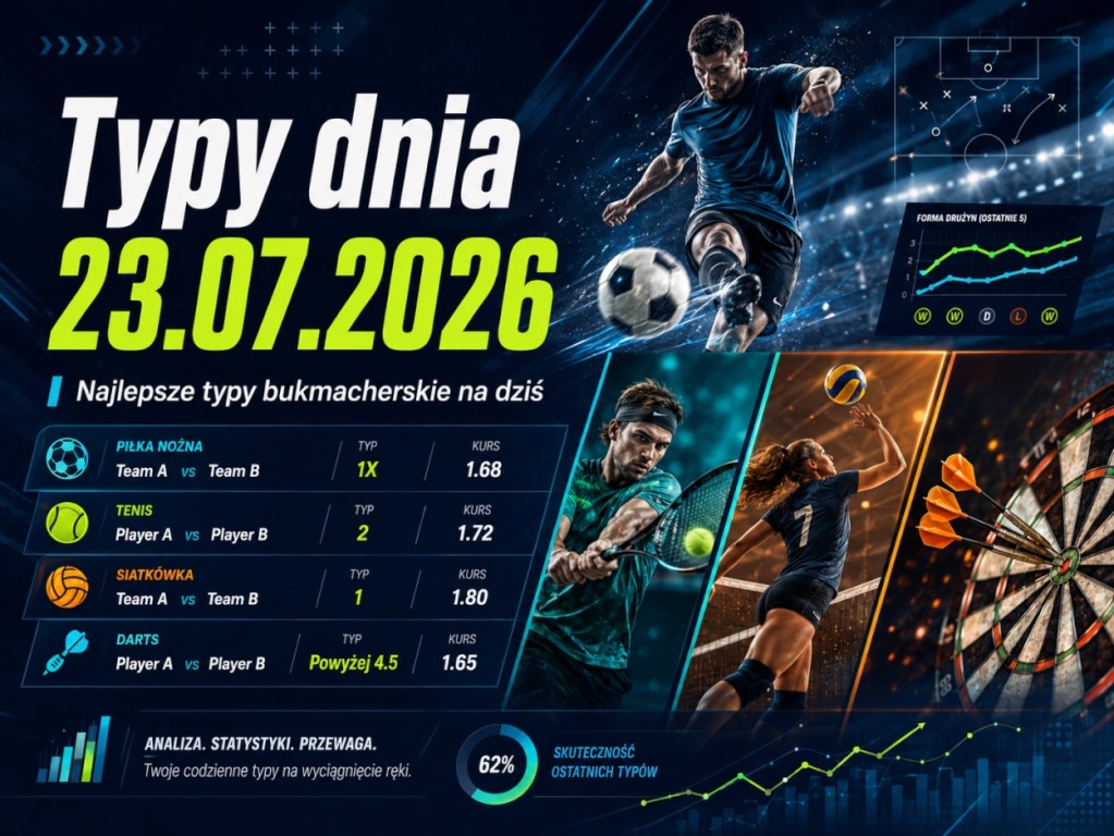 Typy dnia 23.07.2026 – typy bukmacherskie na piłkę nożną, tenis, siatkówkę i dart