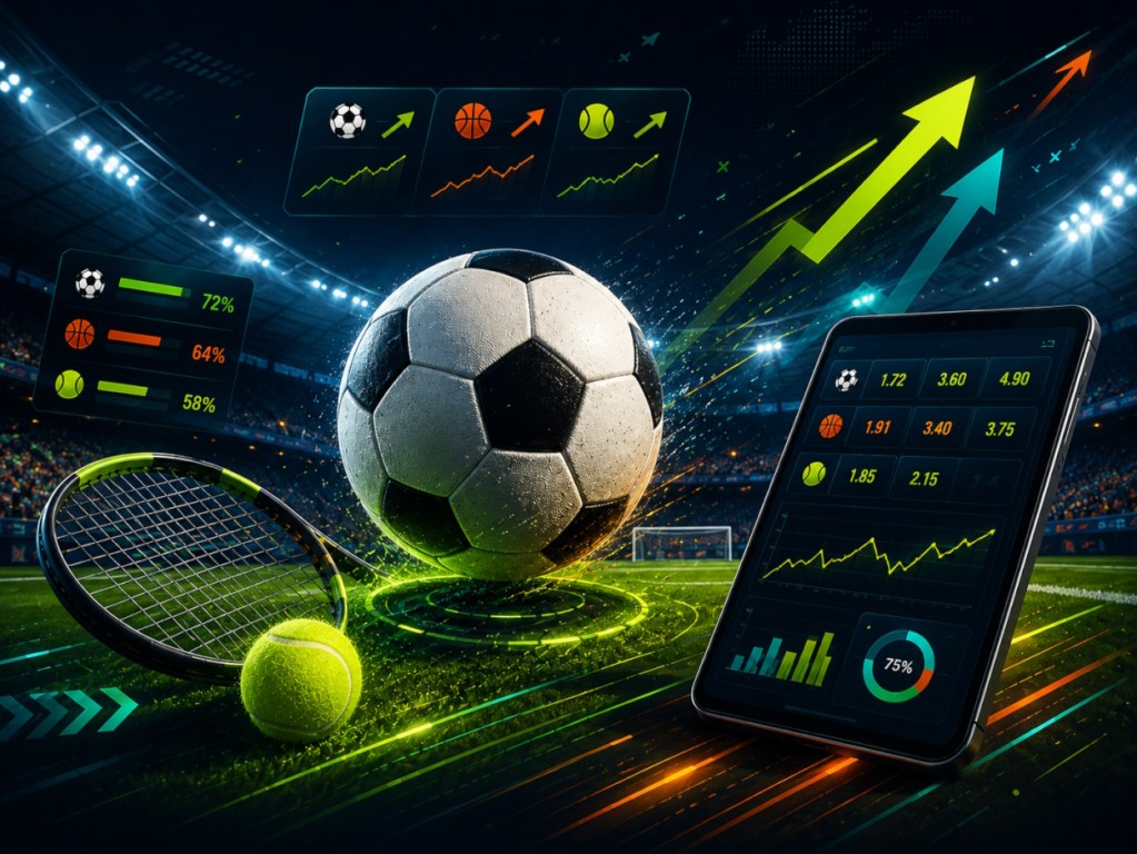 Typy bukmacherskie na dziś 13.08.2026 – grafika ze stadionem, piłką nożną, tenisem i kursami na wydarzenia sportowe