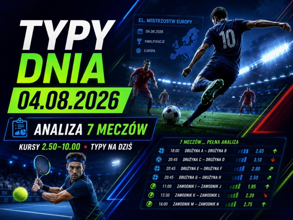 Typy dnia 04.08.2026 – analiza 7 meczów i kursy bukmacherskie 2.50–10.00