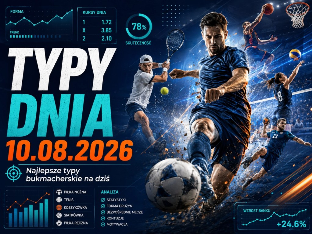 Typy dnia 10.08.2026 – najlepsze typy bukmacherskie na dziś, analiza meczów z piłki nożnej, tenisa, koszykówki, siatkówki i piłki ręcznej