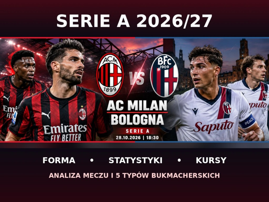 AC Milan - Bologna 28.10.2026 - grafika zapowiadająca mecz Serie A z piłkarzami obu drużyn, herbami klubów i datą spotkania.