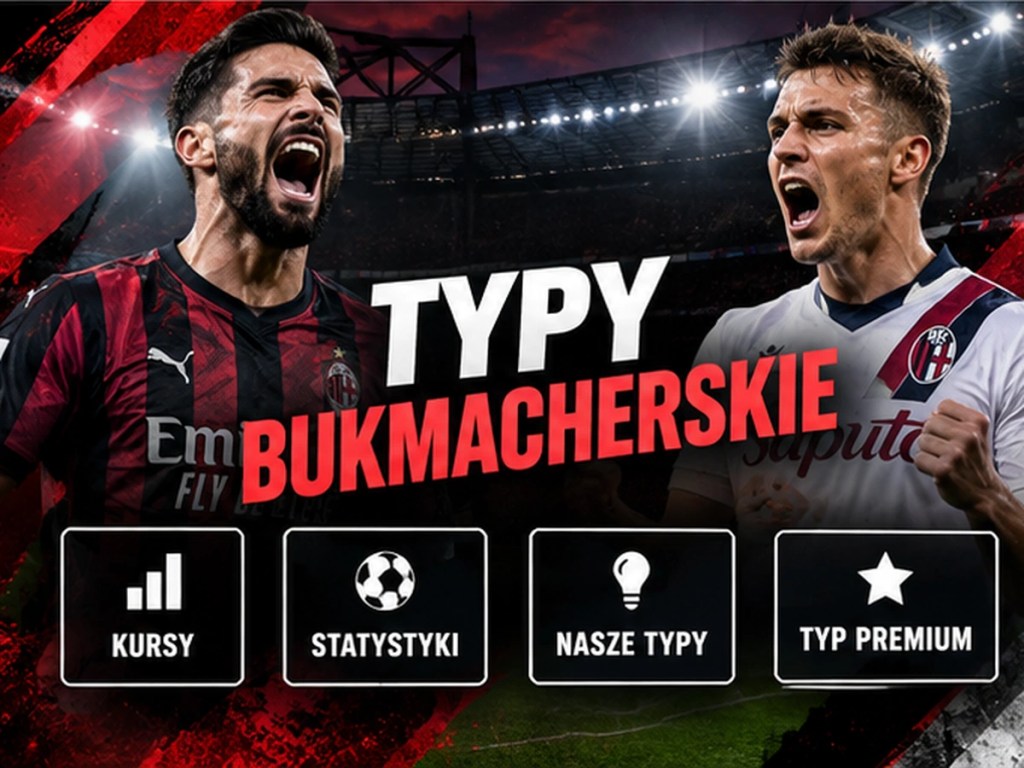 AC Milan - Bologna - grafika typów bukmacherskich z piłkarzami obu zespołów oraz sekcjami kursy, statystyki, nasze typy i Typ Premium.