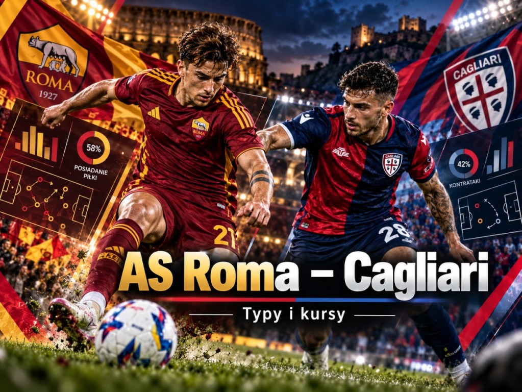 AS Roma – Cagliari: typy bukmacherskie i kursy na mecz 27 października 2026, grafika z piłkarzami i elementami analizy statystycznej.