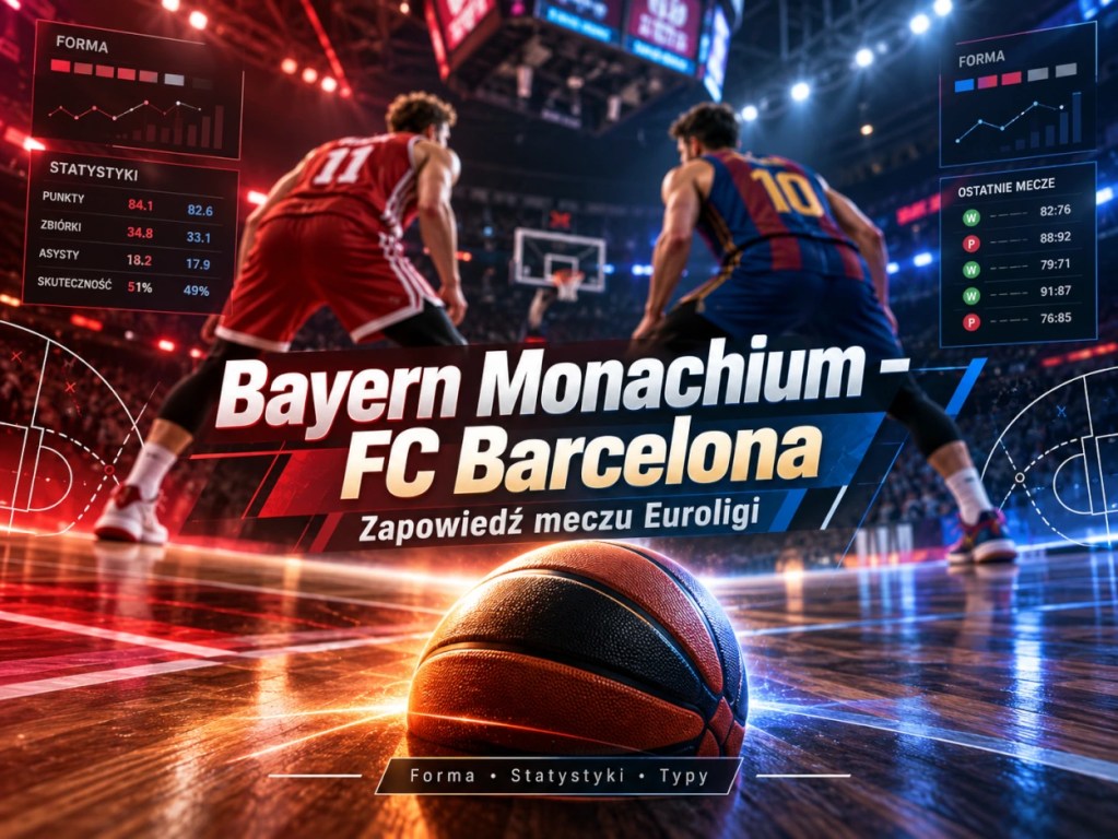 Bayern Monachium – FC Barcelona w Eurolidze. Koszykarze na parkiecie, piłka do koszykówki i graficzne elementy analizy statystycznej.