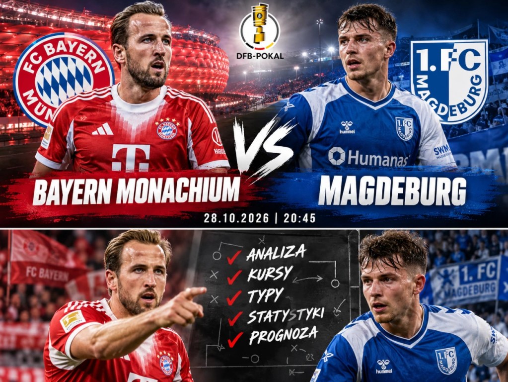 Bayern Monachium – Magdeburg 28.10.2026. Harry Kane i piłkarze obu drużyn na grafice zapowiadającej mecz Pucharu Niemiec. Typy i kursy bukmacherskie.