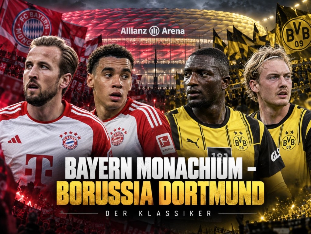 Bayern Monachium - Borussia Dortmund. Harry Kane, Jamal Musiala, Serhou Guirassy i Julian Brandt na grafice zapowiadającej Der Klassiker.