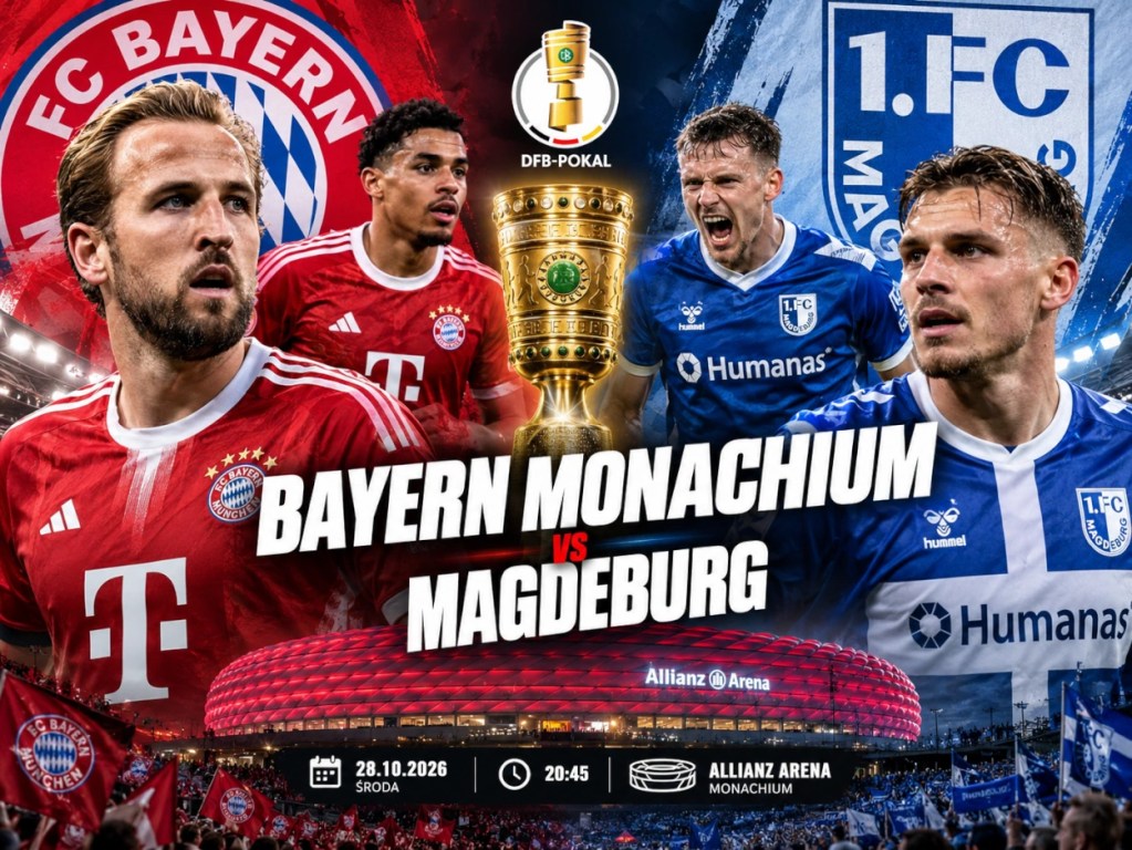 Bayern Monachium – Magdeburg 28.10.2026. Harry Kane i piłkarze obu drużyn na grafice zapowiadającej mecz Pucharu Niemiec. Typy i kursy bukmacherskie.
