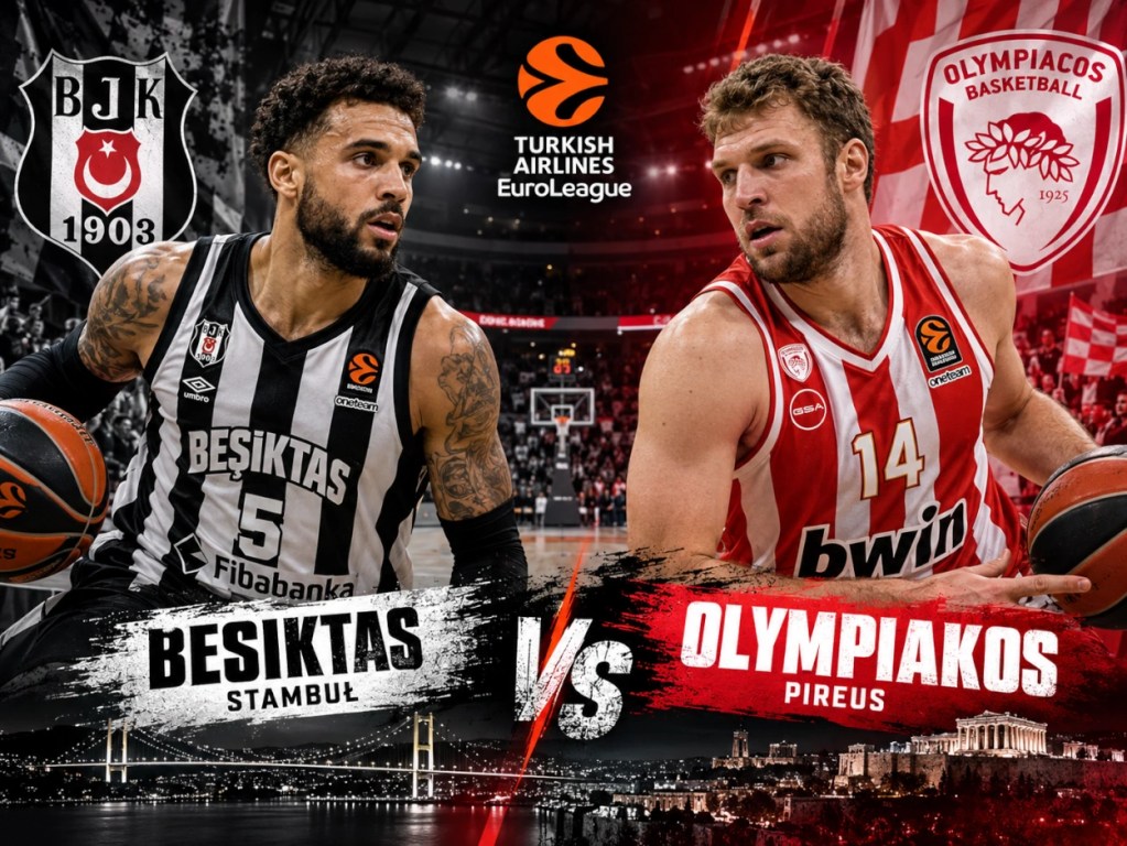 Besiktas Stambuł kontra Olympiakos Pireus – zawodnicy obu klubów na grafice promującej mecz koszykarskiej Euroligi.