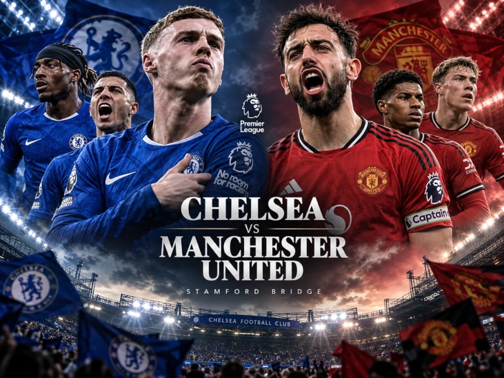 Chelsea - Manchester United, grafika z piłkarzami obu drużyn, herbami klubowymi i stadionem Stamford Bridge. Typy na mecz 31.10.2026.