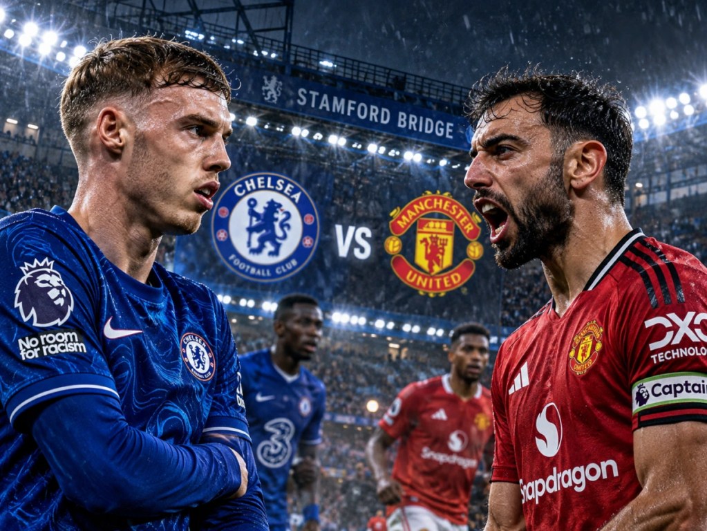 Chelsea - Manchester United 31.10.2026. Cole Palmer i Bruno Fernandes na grafice zapowiadającej mecz Premier League na Stamford Bridge.