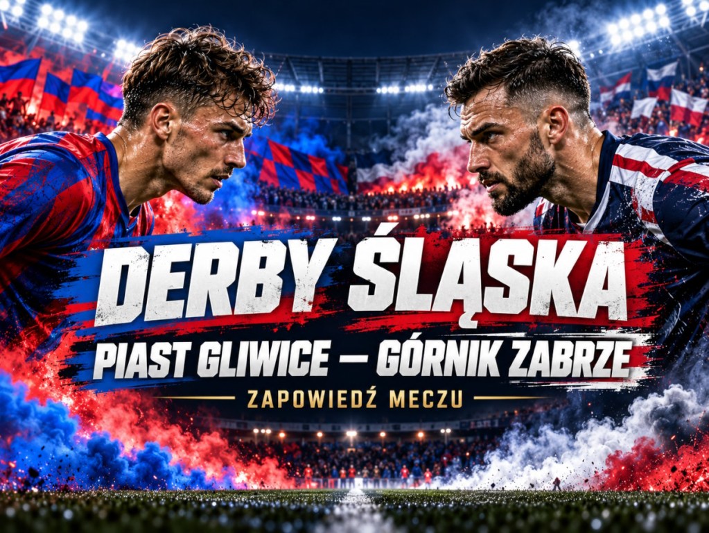 Derby Śląska Piast Gliwice – Górnik Zabrze, dwóch piłkarzy naprzeciw siebie na tle stadionu, kibiców i barw klubowych.