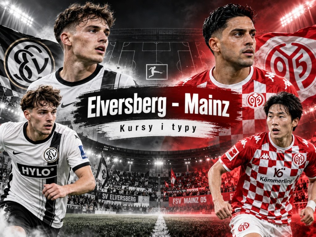 Elversberg - Mainz kursy i typy bukmacherskie. Grafika z piłkarzami obu drużyn i zapowiedzią meczu Bundesligi.