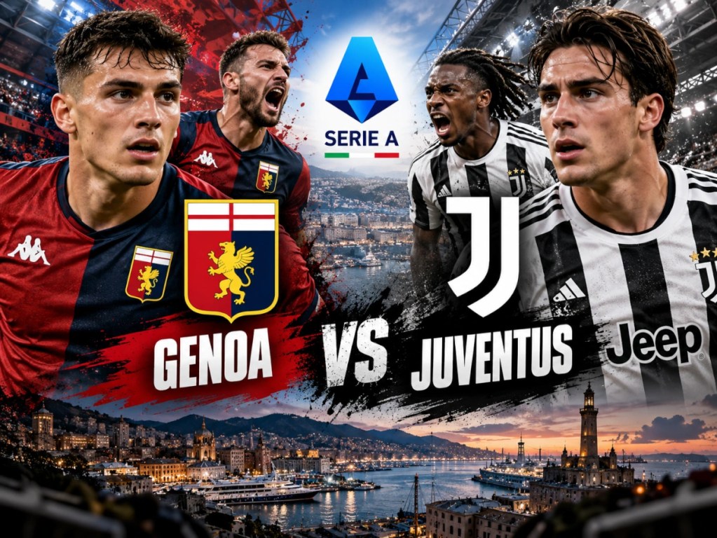 Genoa kontra Juventus – piłkarze obu drużyn, herby klubowe i stadion w Genui przed meczem Serie A.
