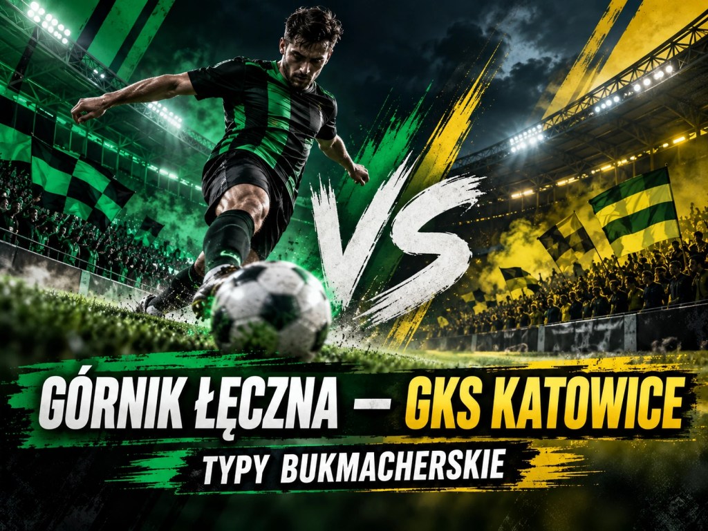 Górnik Łęczna – GKS Katowice, grafika z piłkarzem i symbolem VS prezentująca typy bukmacherskie na Puchar Polski.