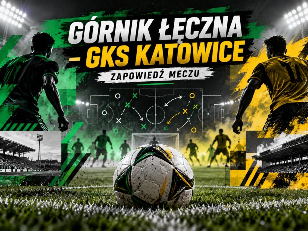 Zapowiedź meczu Górnik Łęczna – GKS Katowice z grafiką taktyczną boiska i piłką nożną. Analiza Pucharu Polski 2026.