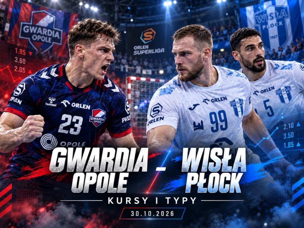 Gwardia Opole - Wisła Płock kursy i typy bukmacherskie. Grafika z zawodnikami obu drużyn i motywami analizy zakładów.