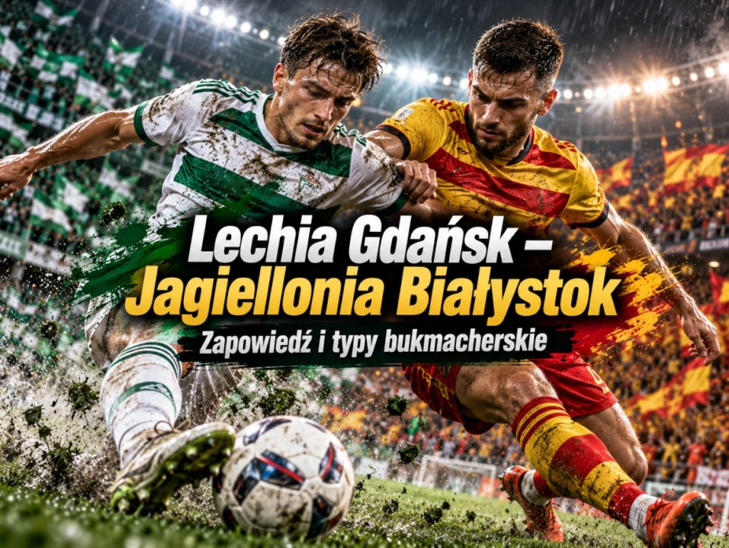 Piłkarze Lechii Gdańsk i Jagiellonii Białystok walczący o piłkę na grafice zapowiadającej mecz Pucharu Polski 28 października 2026 roku.