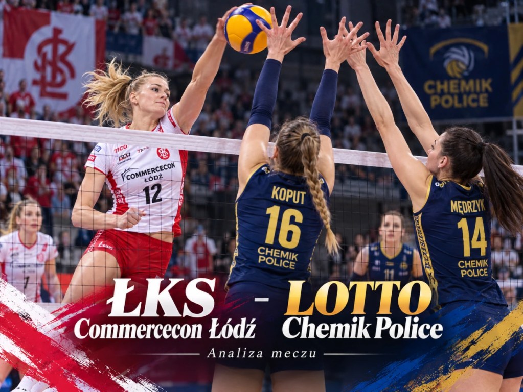 Zawodniczka ŁKS Commercecon Łódź atakuje przy siatce przeciwko blokowi LOTTO Chemika Police - analiza meczu TAURON Ligi.