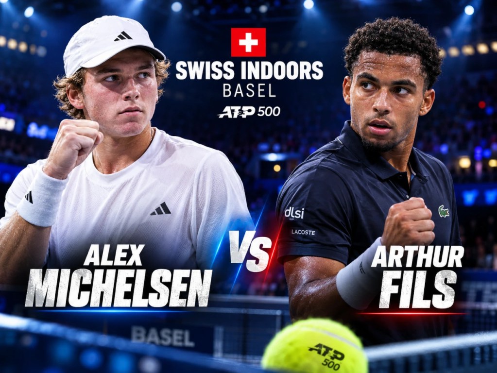 Alex Michelsen i Arthur Fils przed meczem ATP Swiss Indoors Basel 2026 na twardym korcie w hali.