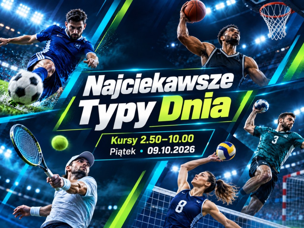 Najciekawsze typy dnia 09.10.2026 -sportowcy podczas meczów piłki nożnej, tenisa, koszykówki, siatkówki i piłki ręcznej, kursy 2.50-10.00