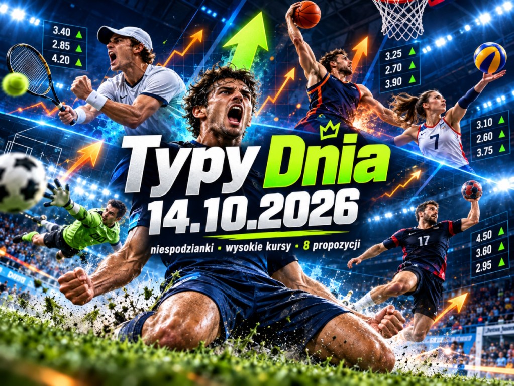 Niespodzianki sportowe 14.10.2026 – typy dnia na zwycięstwa outsiderów, wysokie kursy bukmacherskie i analizy ośmiu spotkań.
