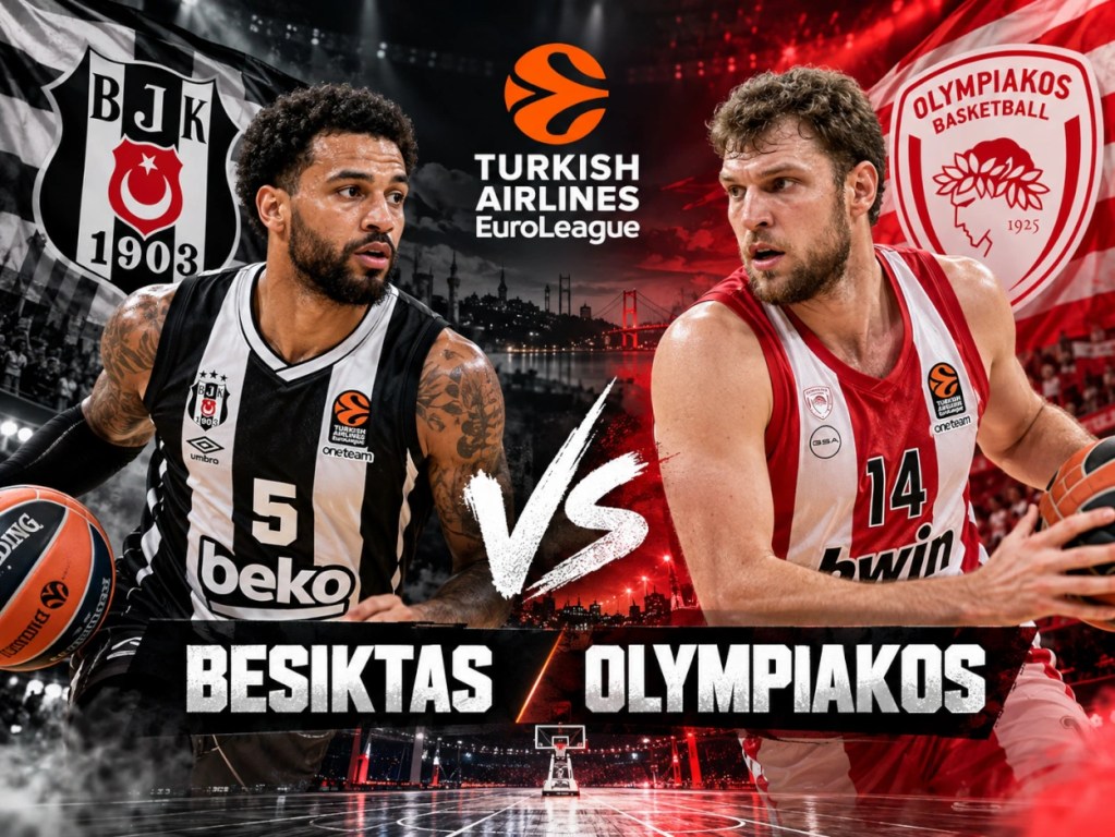 Olympiakos Pireus i Besiktas Stambuł – realistyczna grafika koszykarzy obu zespołów przed meczem Euroligi 28 października 2026.