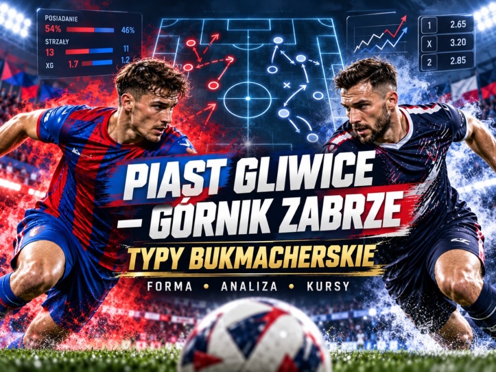 Piast Gliwice – Górnik Zabrze, grafika z piłkarzami, schematem taktycznym i statystykami, ilustrująca analizę typów bukmacherskich.