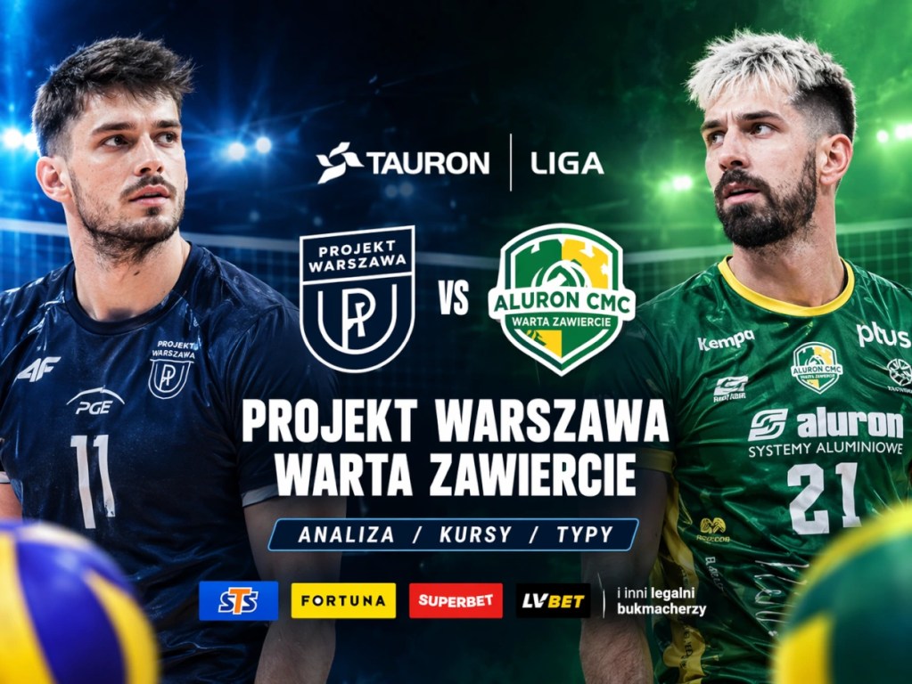 Projekt Warszawa – Warta Zawiercie kursy bukmacherskie i typy na mecz 28.10.2026. Grafika z siatkarzami, herbami klubów i nazwami bukmacherów.