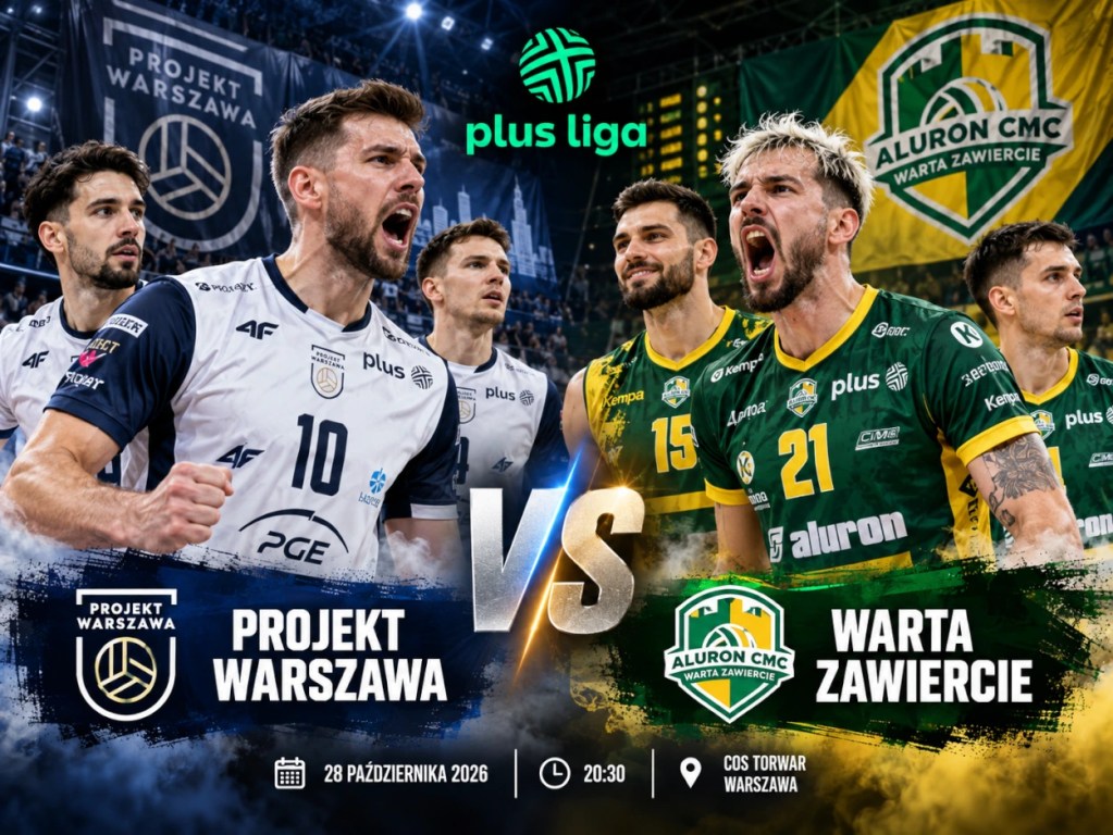 Projekt Warszawa - Warta Zawiercie typy i kursy bukmacherskie na 28.10.2026. Grafika przedstawiająca siatkarzy obu drużyn przed meczem.