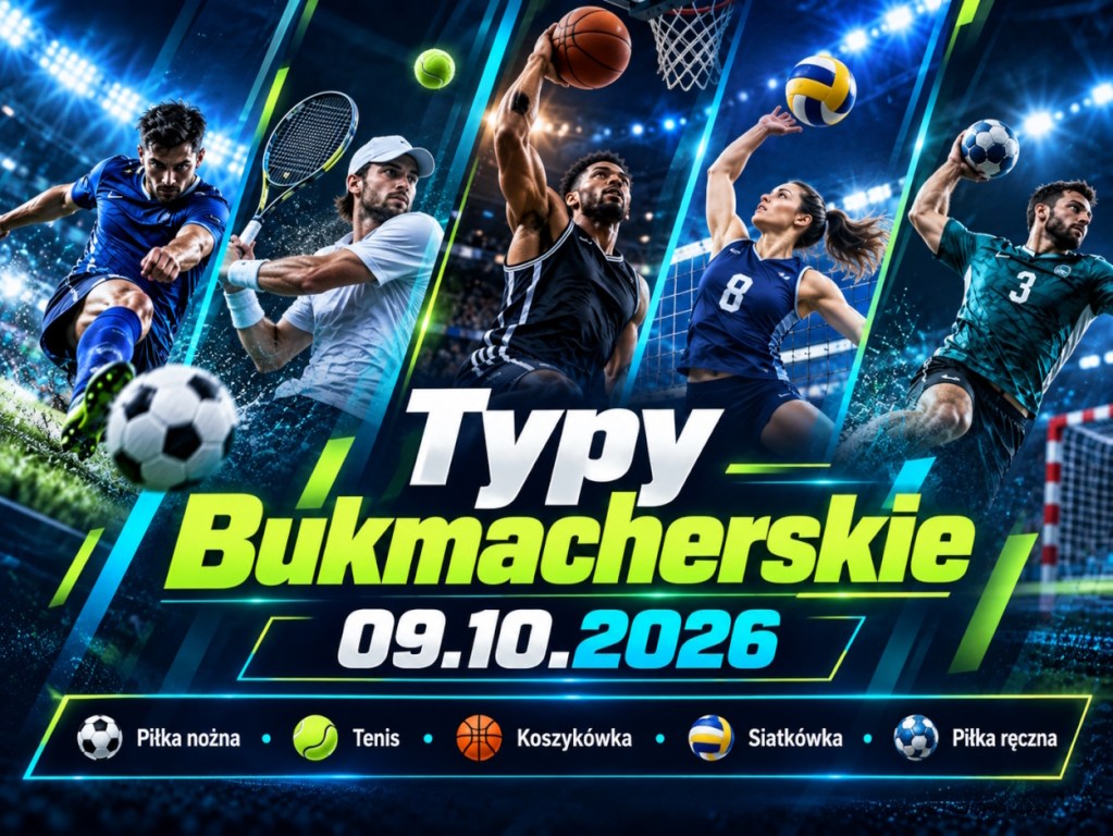 Typy bukmacherskie 09.10.2026 – piłkarz, tenisista, koszykarz, siatkarka i szczypiornista na grafice zapowiadającej piątkowe analizy